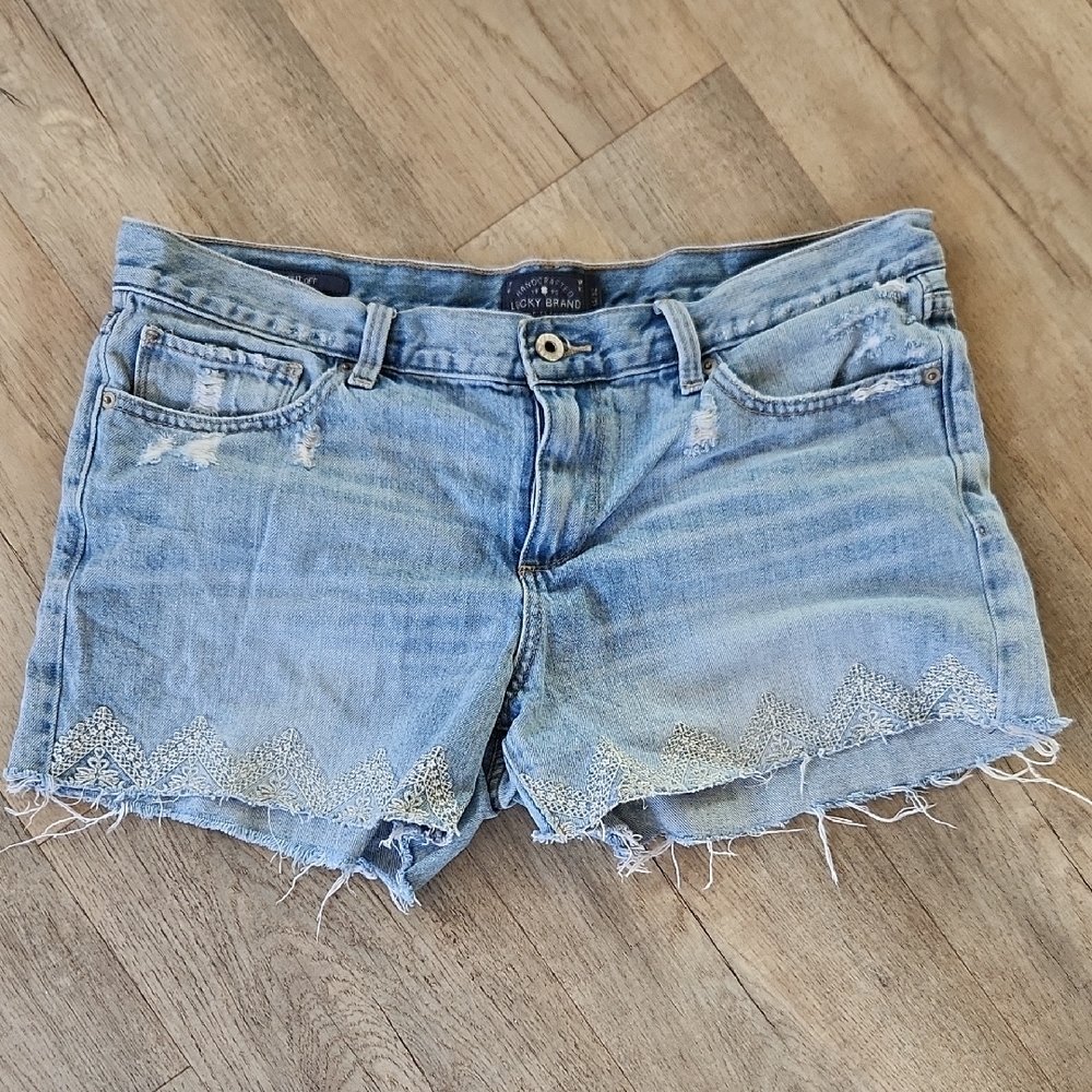 Lucky Brand Light Blue Distressed Denim Shorts with Beaded Trim